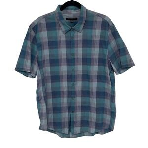 John Varvatos USA Mens Blue Plaided Short Sleeve Collared Button-Up Shirt XL